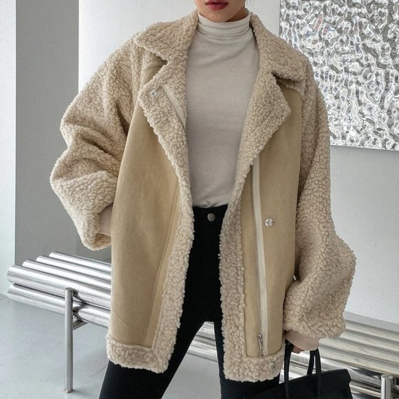 khaki "It coat" zip up faux suede teddy coat contemporary minimalist luxury - Picture 5 of 8